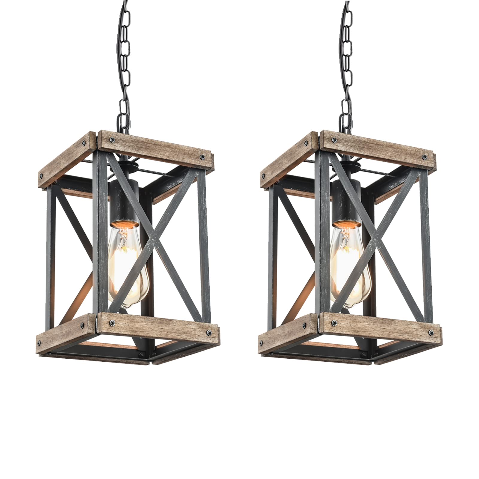 Retro Industrial Metal and Wood Chandelier 1-Light Round Cage Pendant Light Fixture for Kitchen Island Foyer Hallway Bar Dining Room Restaurant, D 7.9" x H 8.7" (Brown)