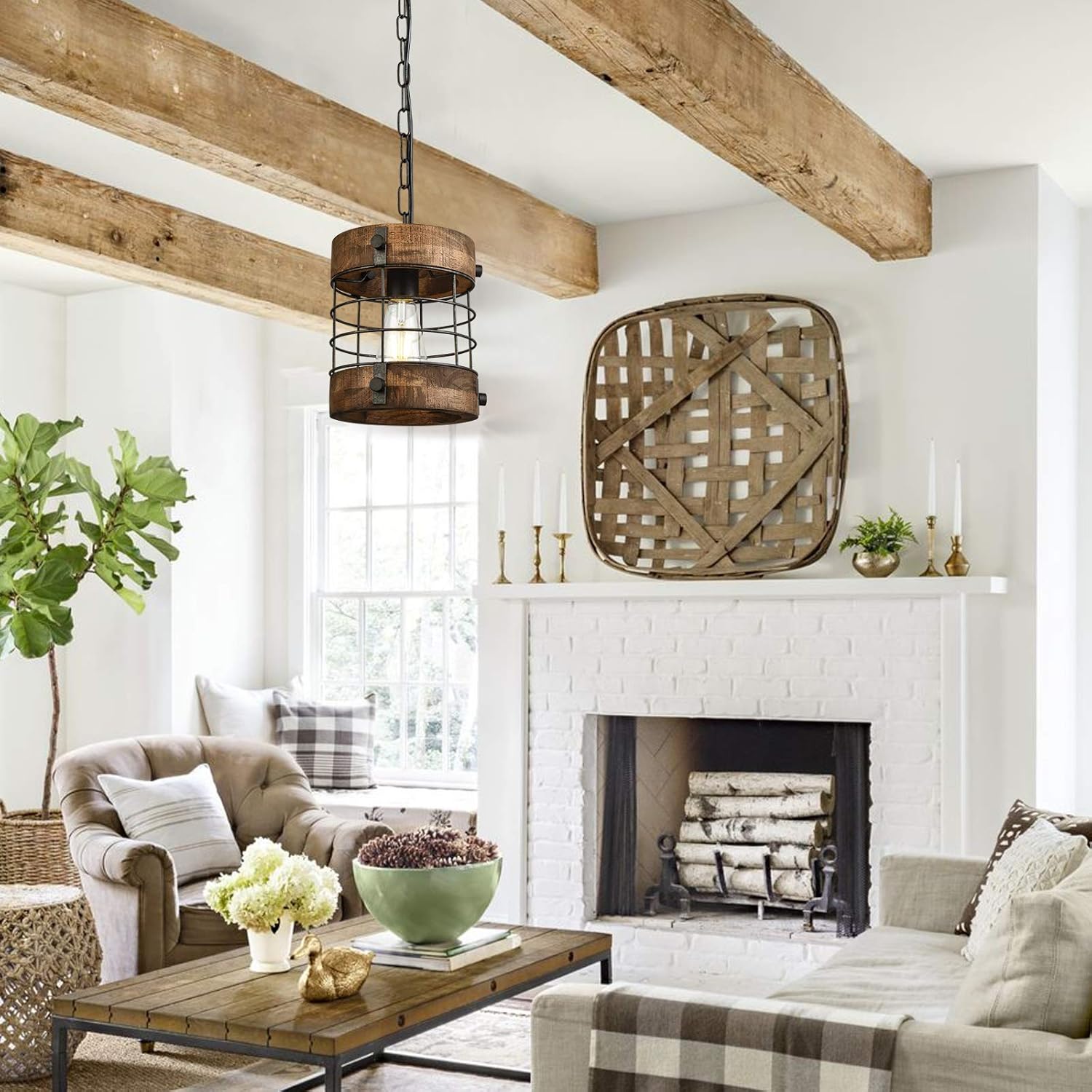 Retro Industrial Metal and Wood Chandelier 1-Light Round Cage Pendant Light Fixture for Kitchen Island Foyer Hallway Bar Dining Room Restaurant, D 7.9" x H 8.7" (Brown)