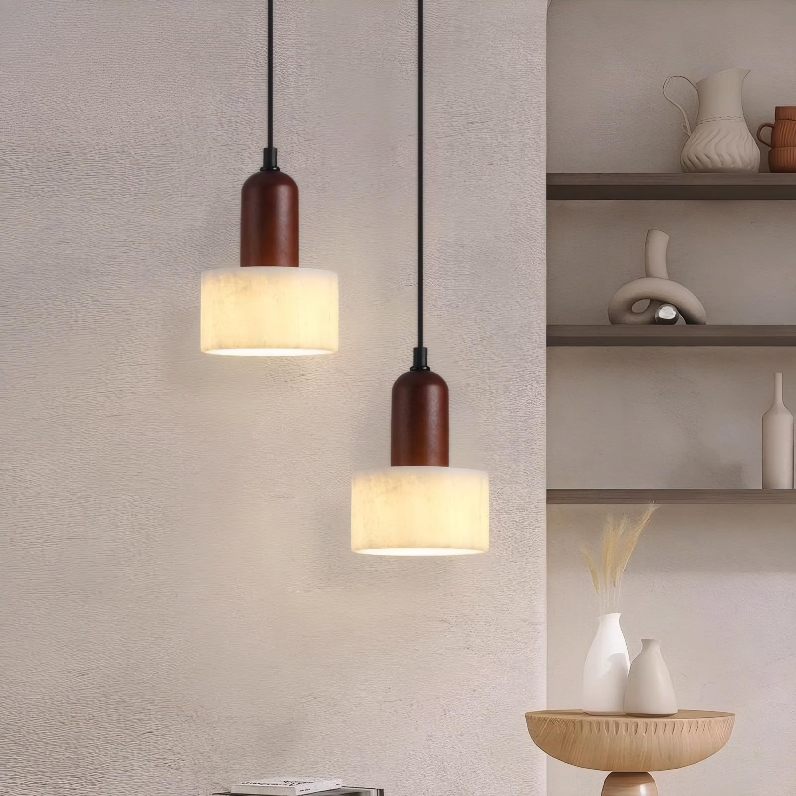 Japanese Wabi Sabi Pendant Light Nordic Natural Stone Chandeliers Concrete Simple Light Fixture for Dining Room Bedside Kitchen Island Hallway（Wood Color