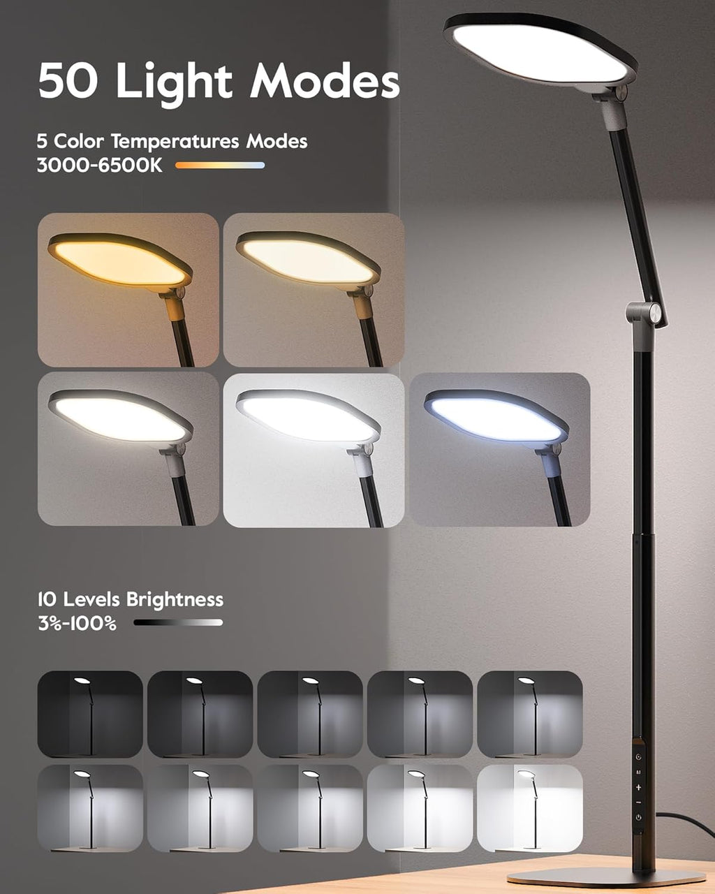 LitONES Led Desk Lamps for Home Office with Base, Tall Desk Lamp with 50 Light Modes & Memory and Timer Func Computer Light, Flexible Adjustable Table Lamps for Video Conference, Architect or Study