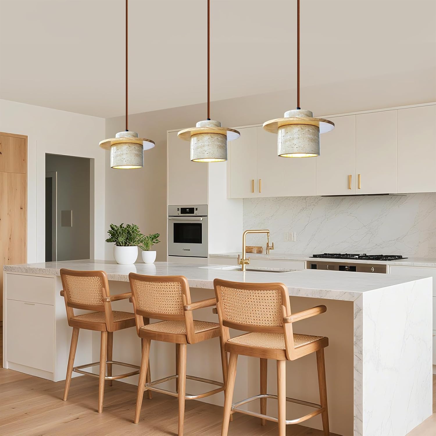 Japanese Wabi sabi Pendant Light with Natural Stone Shade, Dimmable Modern Wood Hanging Lamp Fixture, Adjustable Height Pendant Lamp for Bedroom, Kitchen Island, Dining Room, Restaurant, Cafe, Bar (B)