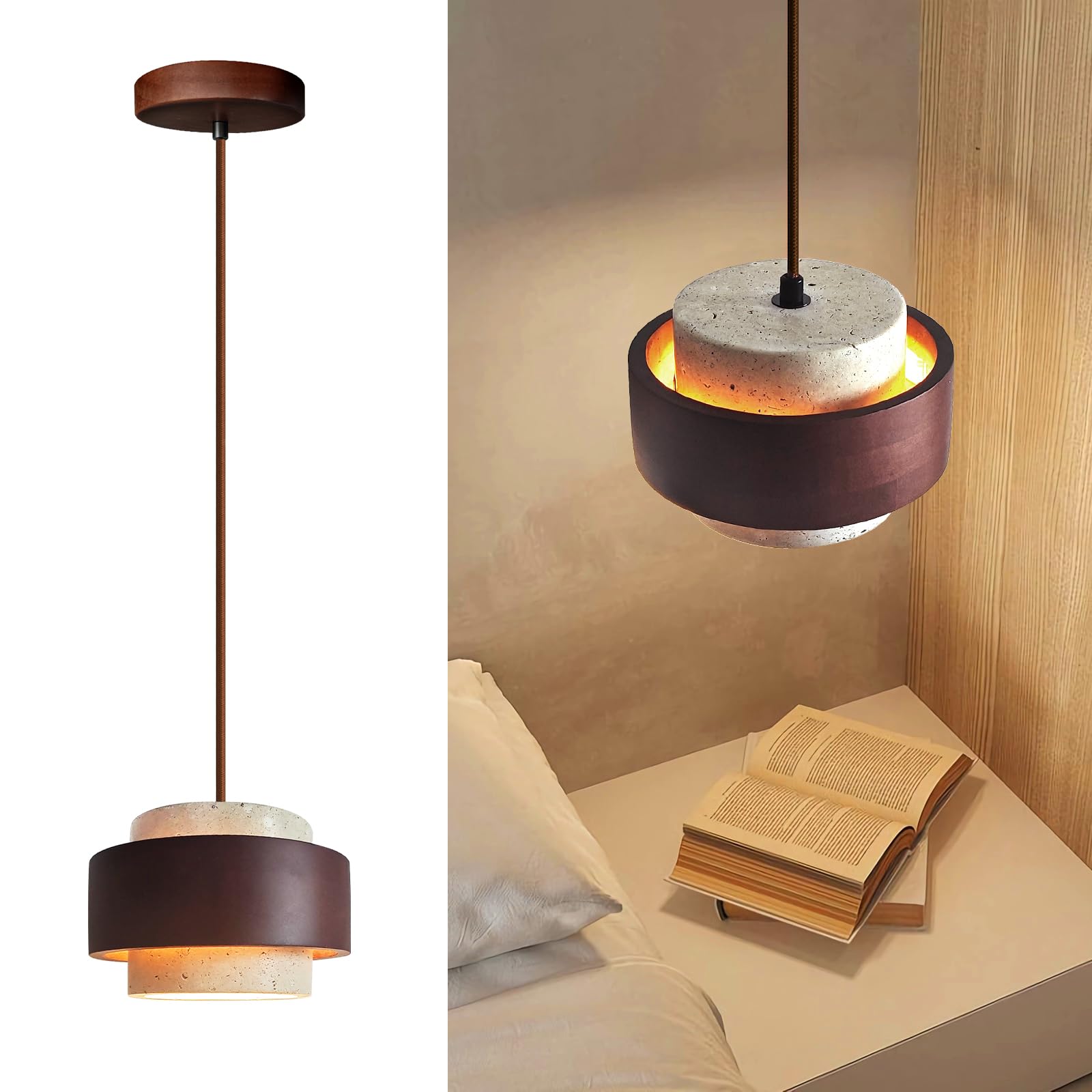 Japanese Wabi sabi Pendant Light with Natural Stone Shade, Dimmable Modern Wood Hanging Lamp Fixture, Adjustable Height Pendant Lamp for Bedroom, Kitchen Island, Dining Room, Restaurant, Cafe, Bar (B)