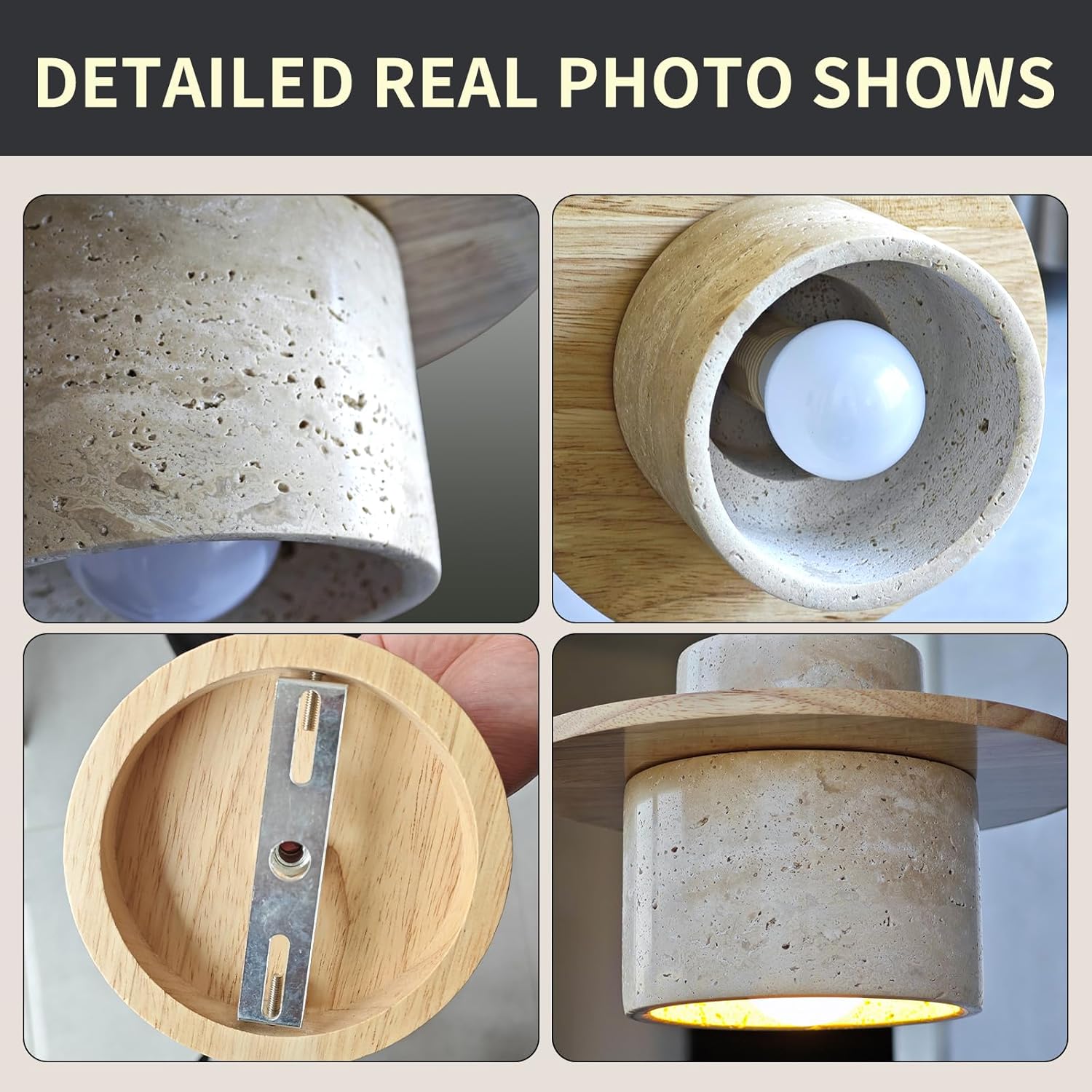 Japanese Wabi sabi Pendant Light with Natural Stone Shade, Dimmable Modern Wood Hanging Lamp Fixture, Adjustable Height Pendant Lamp for Bedroom, Kitchen Island, Dining Room, Restaurant, Cafe, Bar (B)