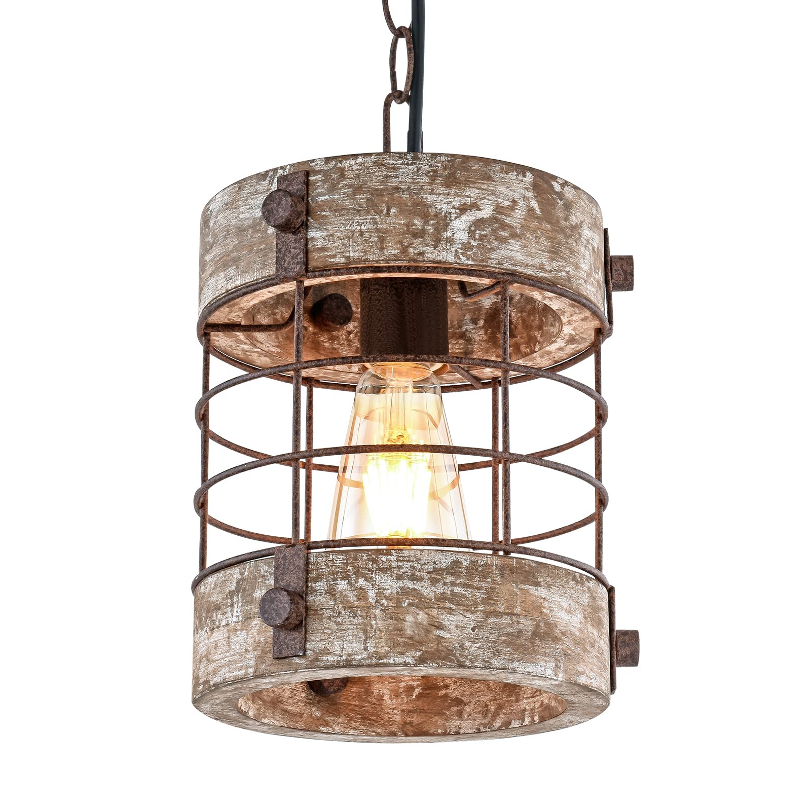 Retro Industrial Metal and Wood Chandelier 1-Light Round Cage Pendant Light Fixture for Kitchen Island Foyer Hallway Bar Dining Room Restaurant, D 7.9" x H 8.7" (Brown)