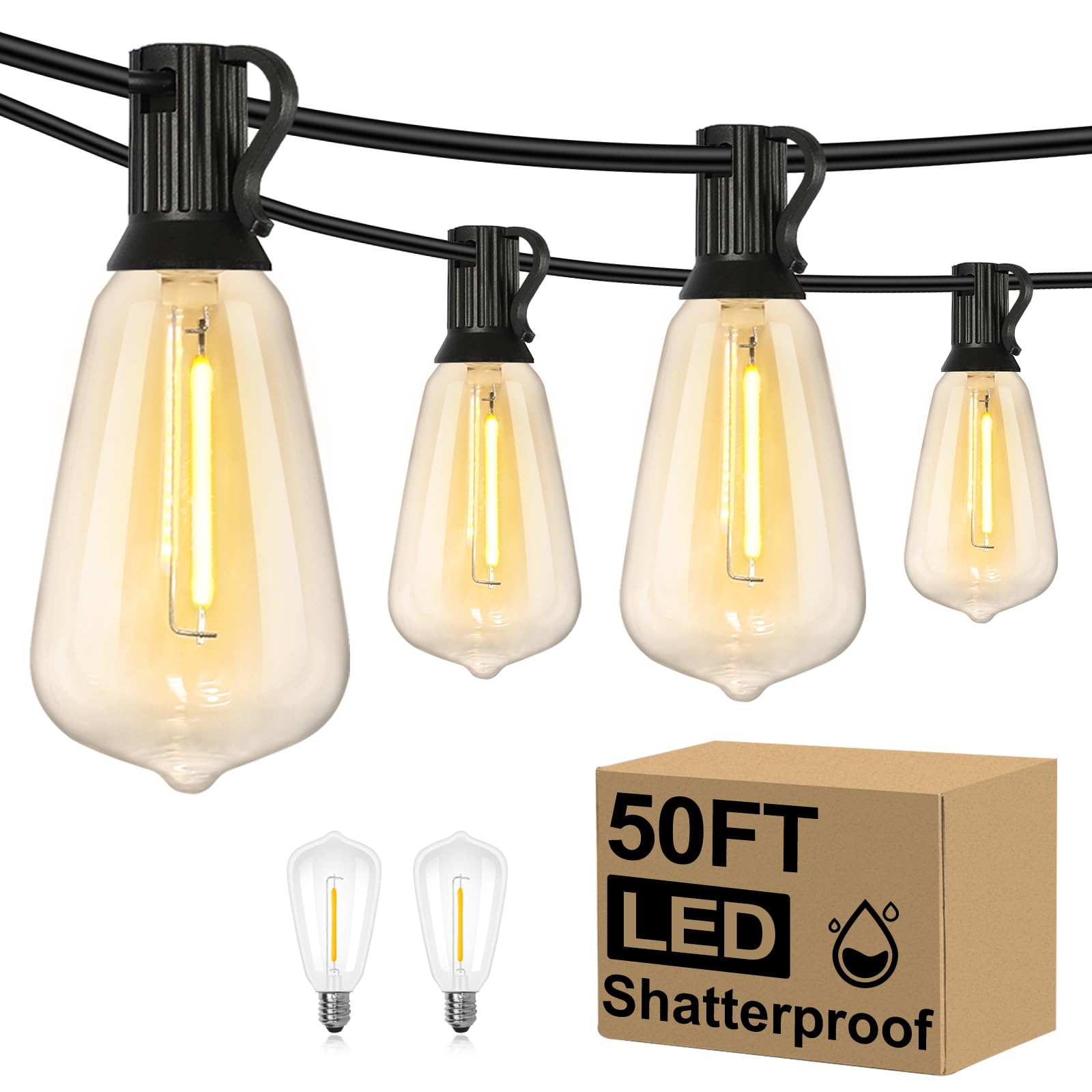 Brightever LED Outdoor String Lights 100FT Patio Lights with 52 Shatterproof ST38 Vintage Edison Bulbs, Outside Hanging Light Waterproof for Porch, Deck, Garden, Backyard, Balcony, 2700K Dimmable