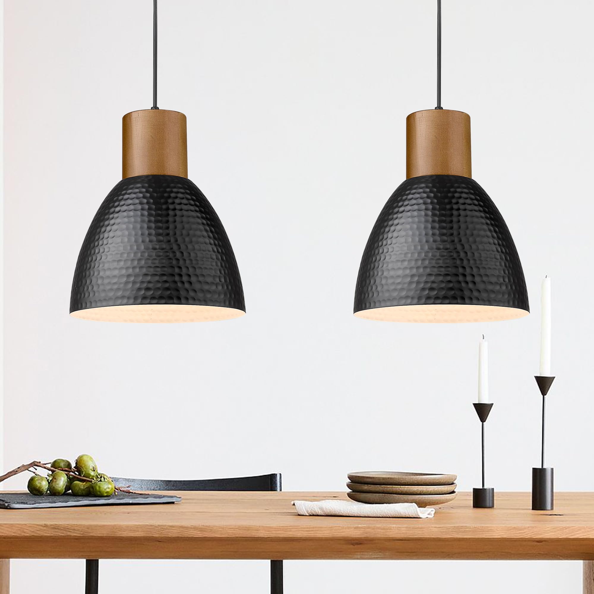 ELYONA 10.2” Hammered Pendant Light Fixtures, Metal & Rubber Wood Island Hanging Lamp, Adjustable Height, Modern Pendant Lighting for Kitchen,Farmhouse Bar,Dining Room,Bedroom, Nordic White