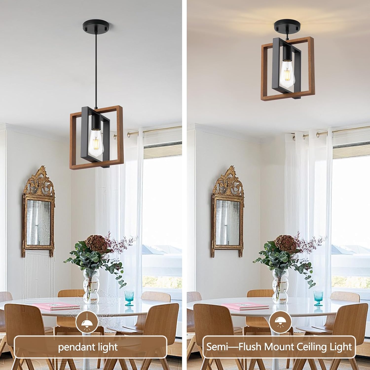 9MMML Wood Pendant Light Kitchen Island Set of 2, Farmhouse Hanging Lamp with 62'' Height Adjustable Cord, Small Ceiling Pendant Light Fixture for Dining Room, Entryway, Foyer(E26 Bulb Base)