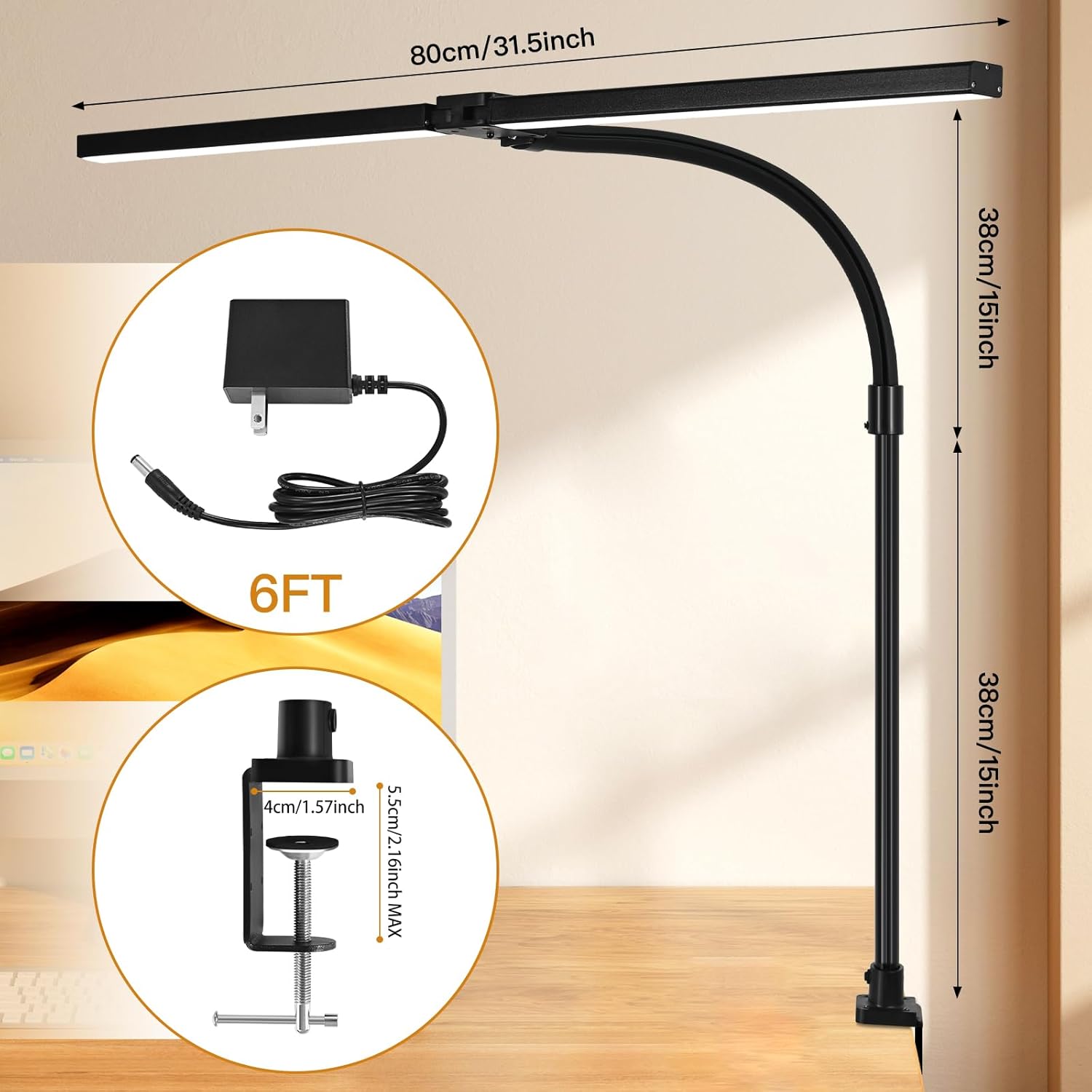 LED Desk Lamp for Office Dorm Home - Eye Caring Desk Light with Timer, Remote Control 24W Brightest Dual Screen Computer Monitor Gooseneck Dimmable Table lamp with Anti-Glare Cover Clamp