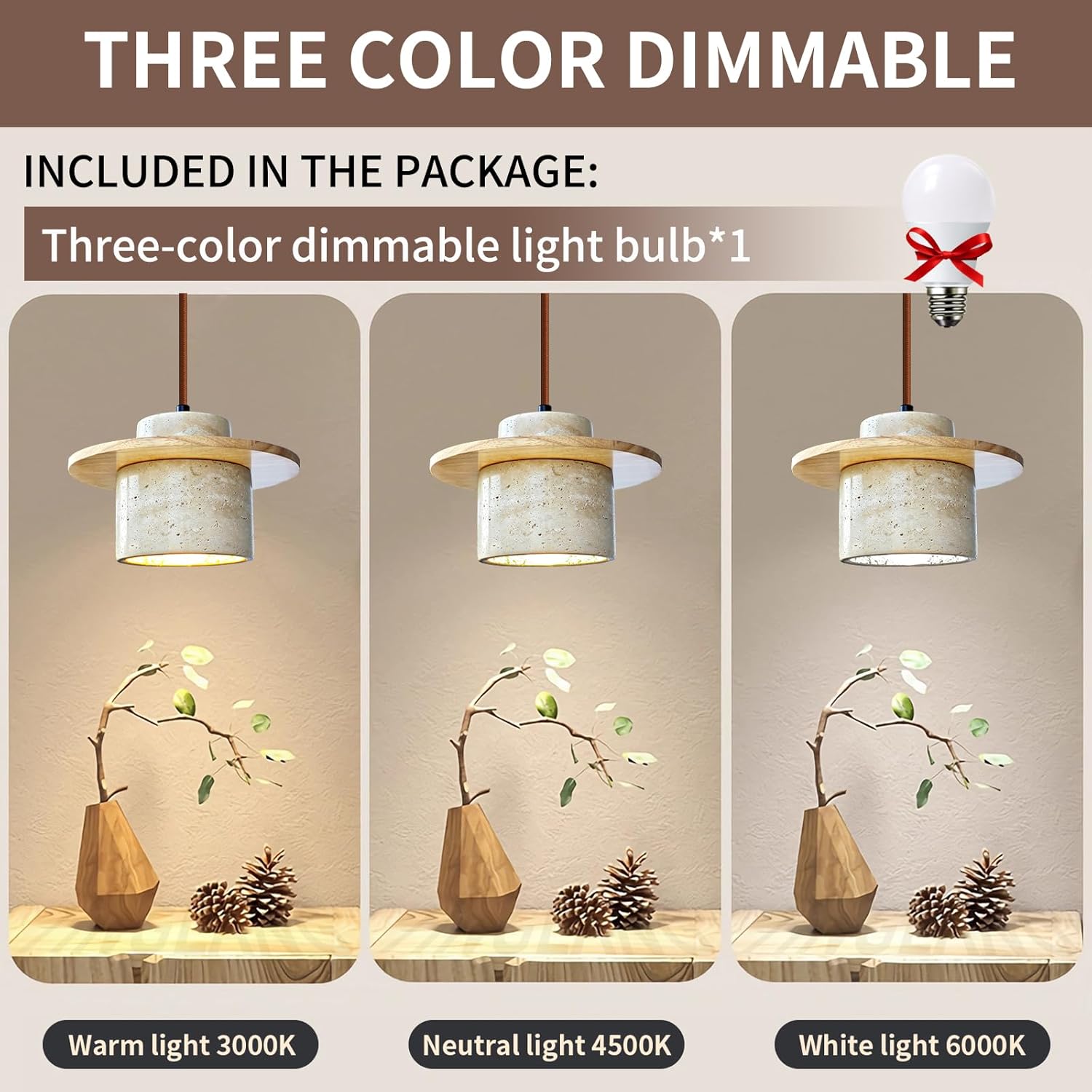 Japanese Wabi sabi Pendant Light with Natural Stone Shade, Dimmable Modern Wood Hanging Lamp Fixture, Adjustable Height Pendant Lamp for Bedroom, Kitchen Island, Dining Room, Restaurant, Cafe, Bar (B)
