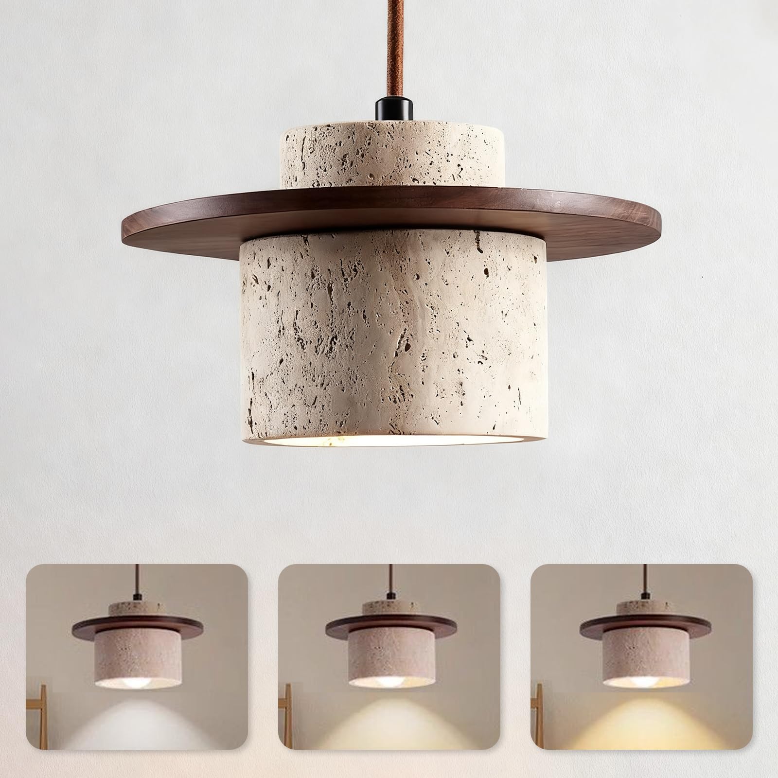 Japanese Wabi sabi Pendant Light with Natural Stone Shade, Dimmable Modern Wood Hanging Lamp Fixture, Adjustable Height Pendant Lamp for Bedroom, Kitchen Island, Dining Room, Restaurant, Cafe, Bar (B)