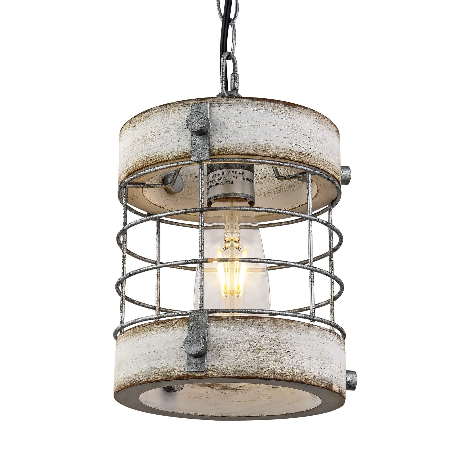 Retro Industrial Metal and Wood Chandelier 1-Light Round Cage Pendant Light Fixture for Kitchen Island Foyer Hallway Bar Dining Room Restaurant, D 7.9" x H 8.7" (Brown)