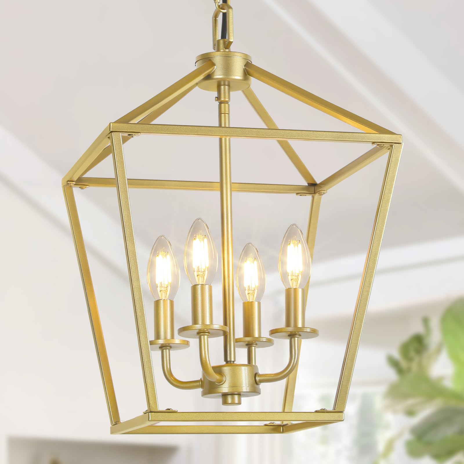 4 Light Chandelier, Industrial Ceiling Light Black Lantern Light Fixtures with Farmhouse Metal Cage Adjustable Height Rustic Geometric Hanging Light E12 Base for Kitchen Island, Entryway, Indoor