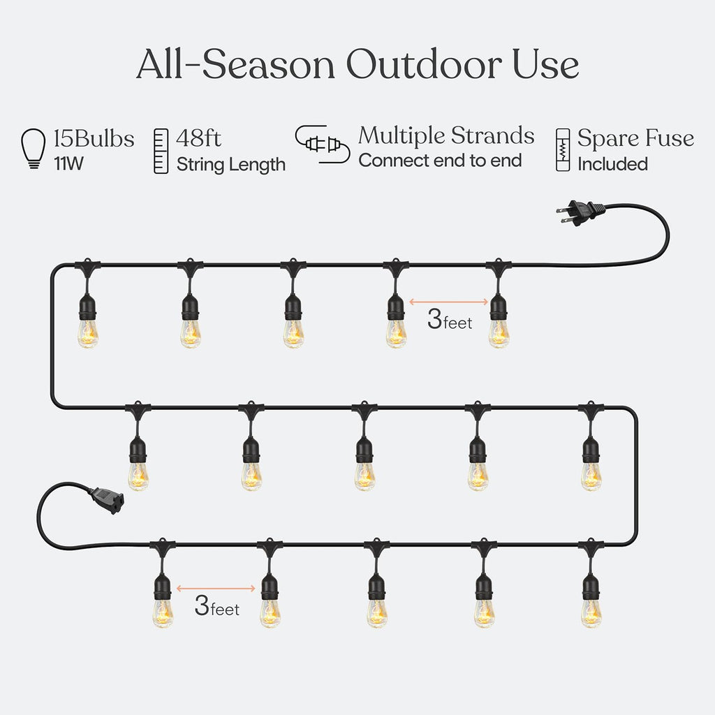 Brightech Ambience Pro Incandescent Outdoor String Lights - Commercial Grade Waterproof Patio Lights with 48 Ft Dimmable Edison Bulbs, Porch String Lights for Patio, Backyard - 15 Bulbs 11W