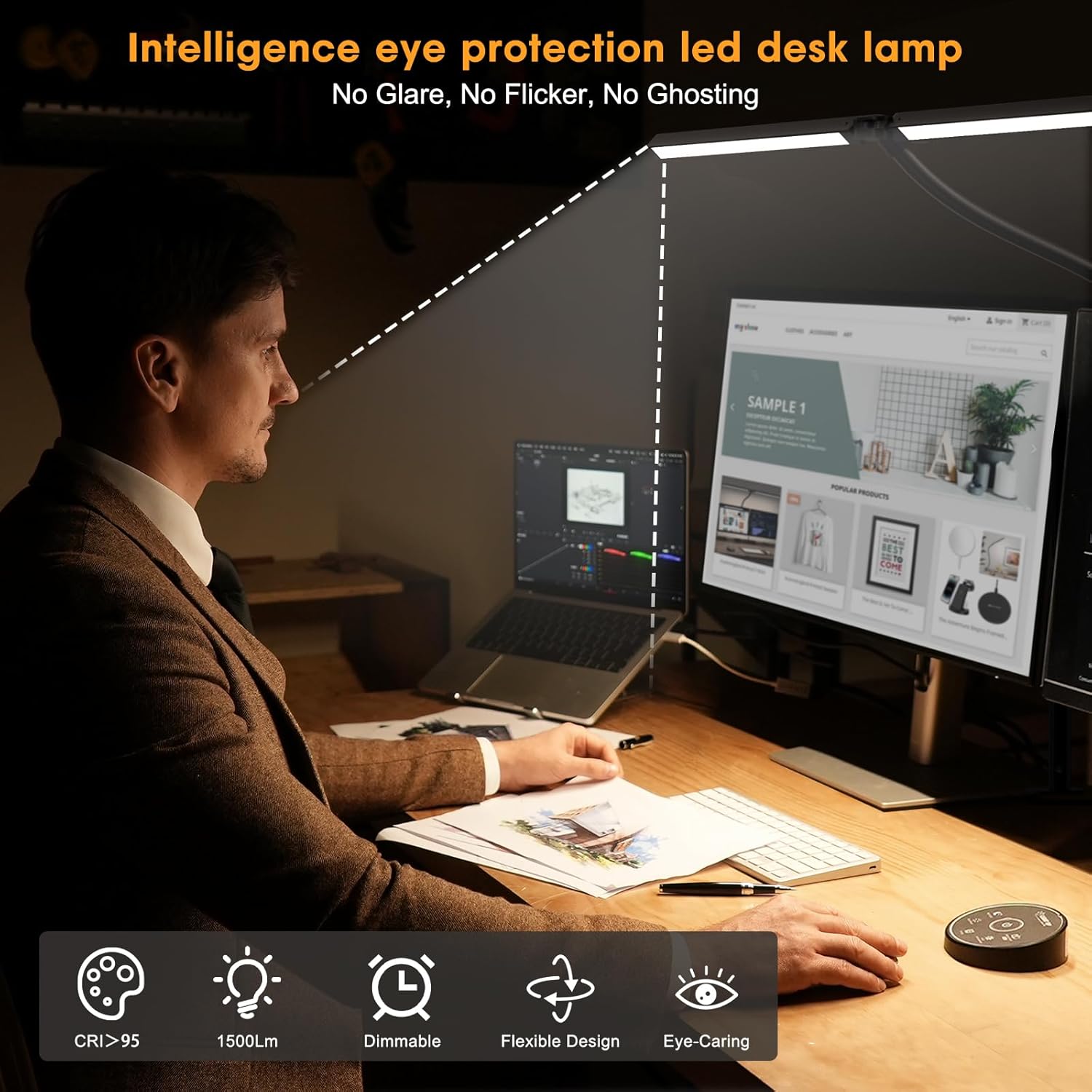 Pzloz Led Desk Lamp for Office Home - Eye Caring Architect lamp with Clamp,Dual Screen Computer Monitor Work Smart Light: 24W 5 Color Flexible Adjustable Lighting Table Lamp for Study Drafting