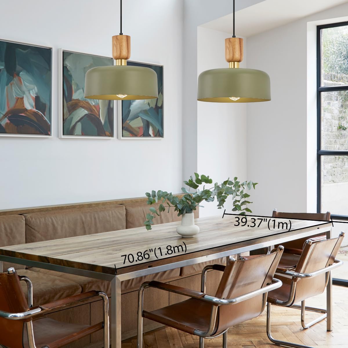 Contemporary Pendant Lighting,12 inch Pendant Lamp,Wood and Brass Accent,Adjustable Metal Hanging Light Fixture for Kitchen, Dining Room, Green