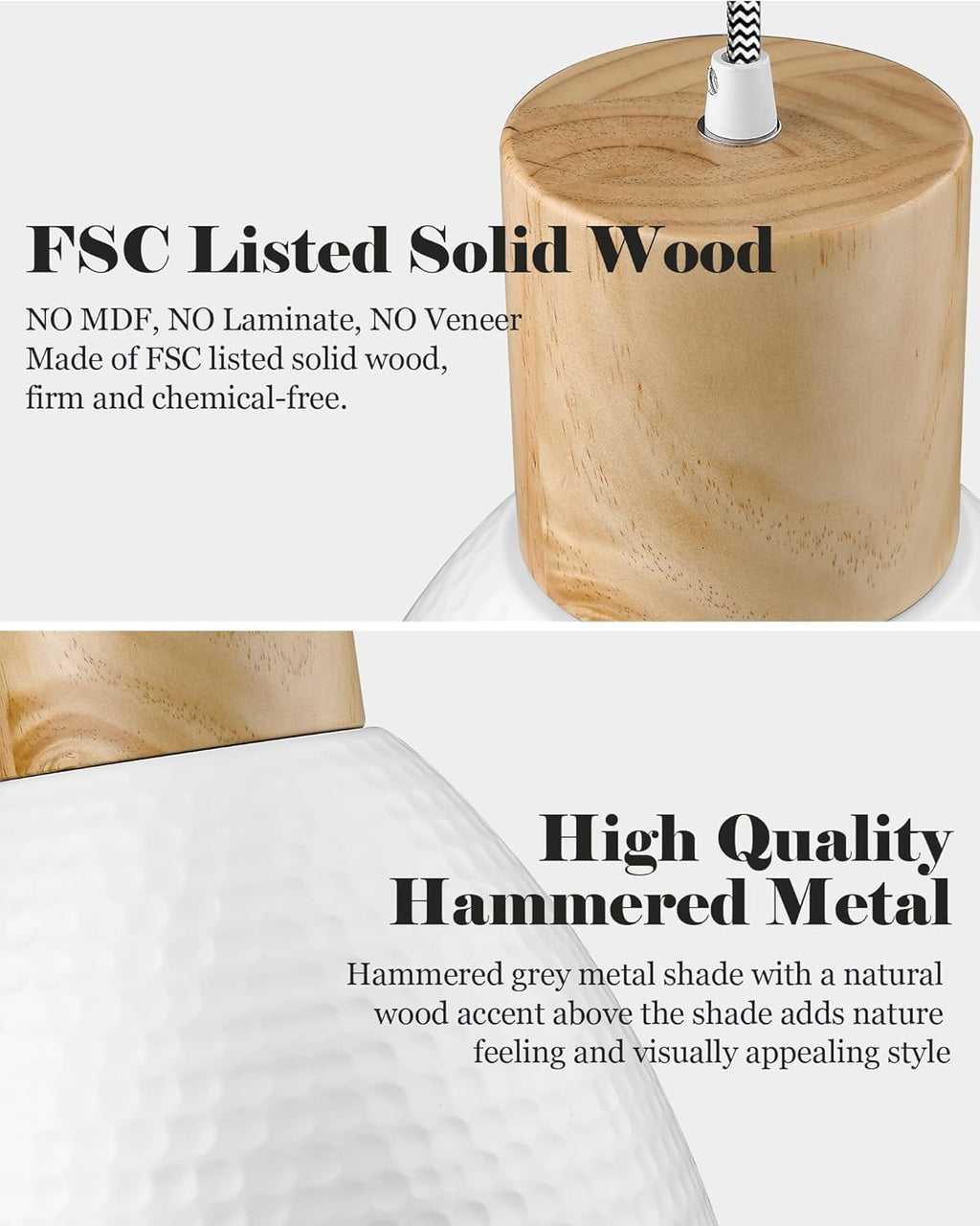 ELYONA 10.2” Hammered Pendant Light Fixtures, Metal & Rubber Wood Island Hanging Lamp, Adjustable Height, Modern Pendant Lighting for Kitchen,Farmhouse Bar,Dining Room,Bedroom, Nordic White