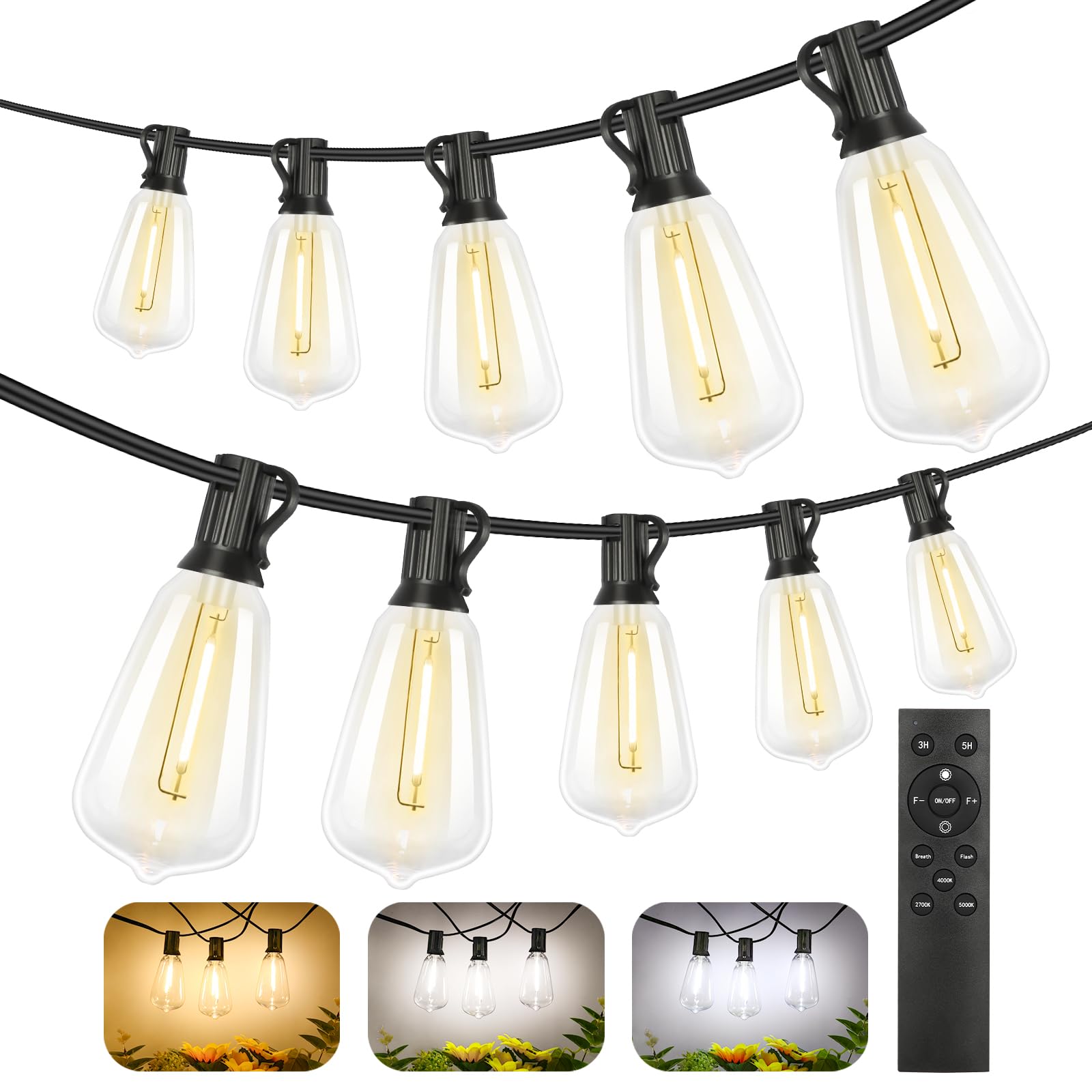 Brightever LED Outdoor String Lights 100FT Patio Lights with 52 Shatterproof ST38 Vintage Edison Bulbs, Outside Hanging Light Waterproof for Porch, Deck, Garden, Backyard, Balcony, 2700K Dimmable