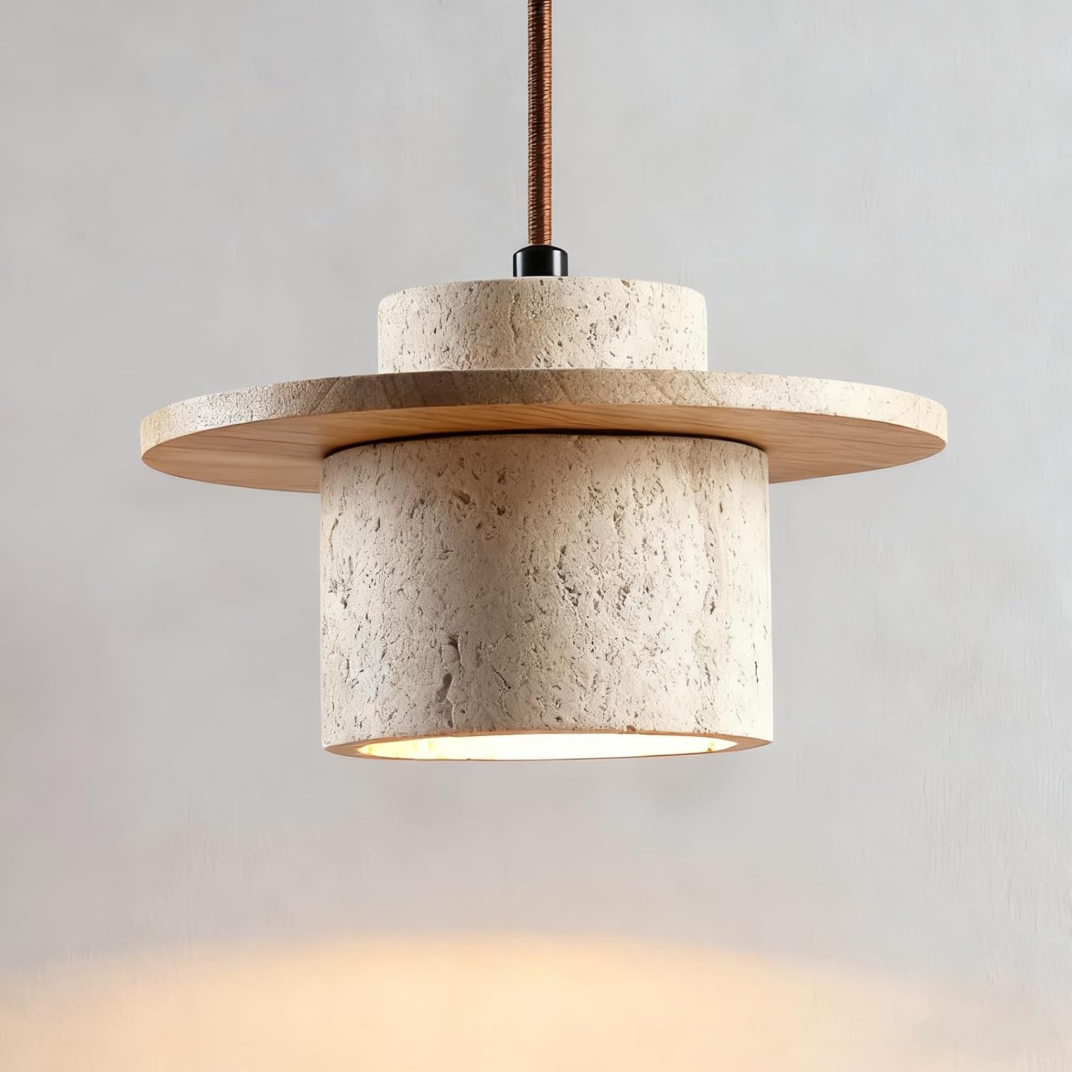 Japanese Wabi sabi Pendant Light with Natural Stone Shade, Dimmable Modern Wood Hanging Lamp Fixture, Adjustable Height Pendant Lamp for Bedroom, Kitchen Island, Dining Room, Restaurant, Cafe, Bar (B)