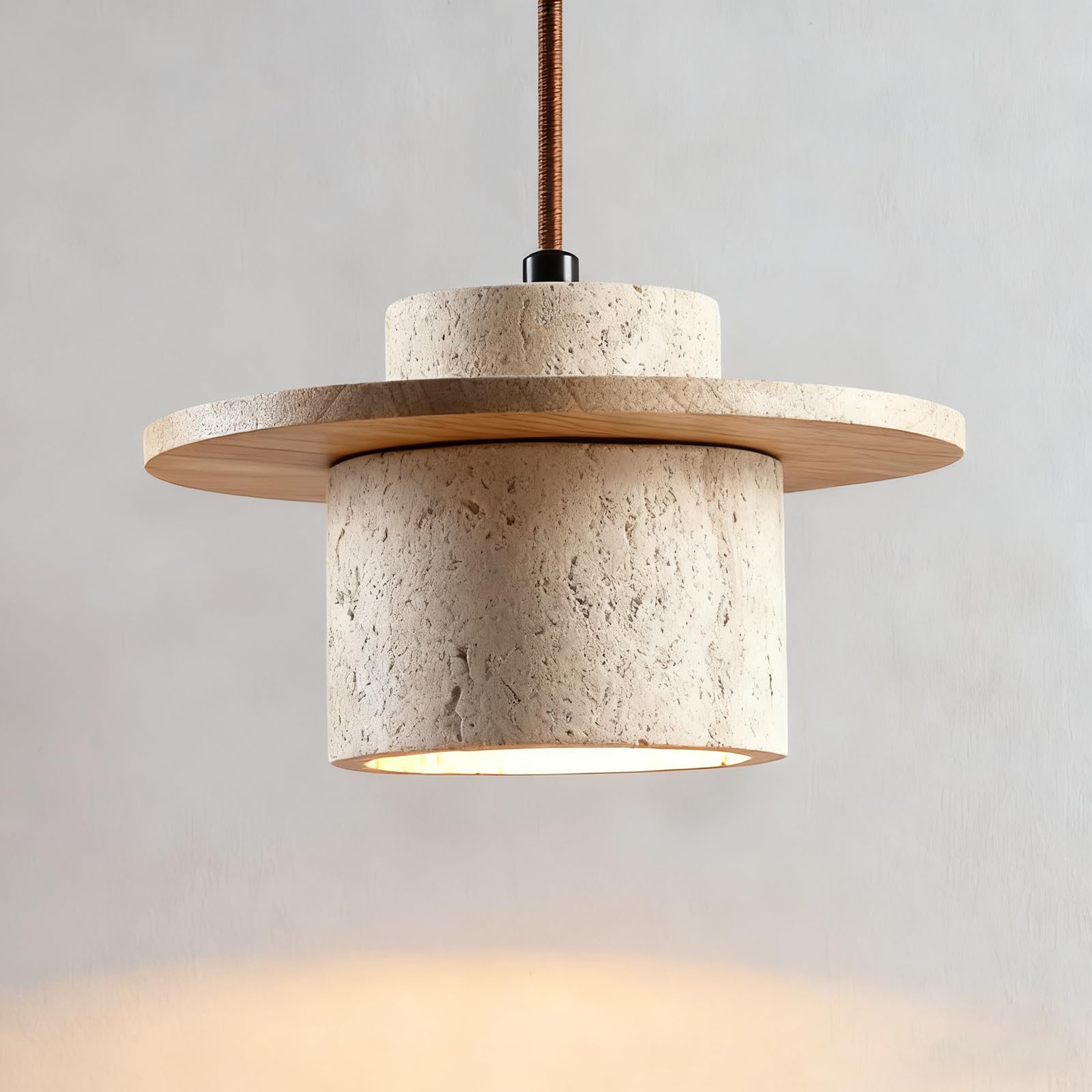 Japanese Wabi sabi Pendant Light with Natural Stone Shade, Dimmable Modern Wood Hanging Lamp Fixture, Adjustable Height Pendant Lamp for Bedroom, Kitchen Island, Dining Room, Restaurant, Cafe, Bar (B)