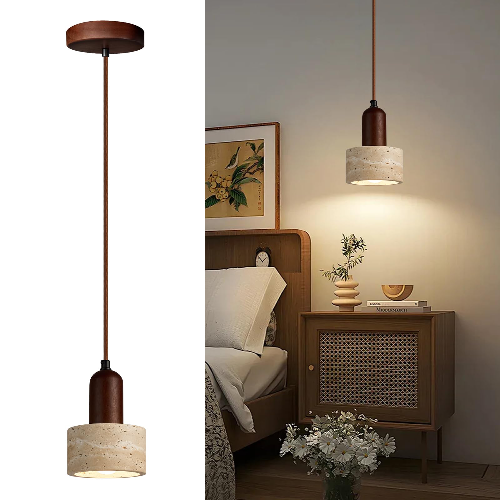Japanese Wabi sabi Pendant Light with Natural Stone Shade, Dimmable Modern Wood Hanging Lamp Fixture, Adjustable Height Pendant Lamp for Bedroom, Kitchen Island, Dining Room, Restaurant, Cafe, Bar (B)