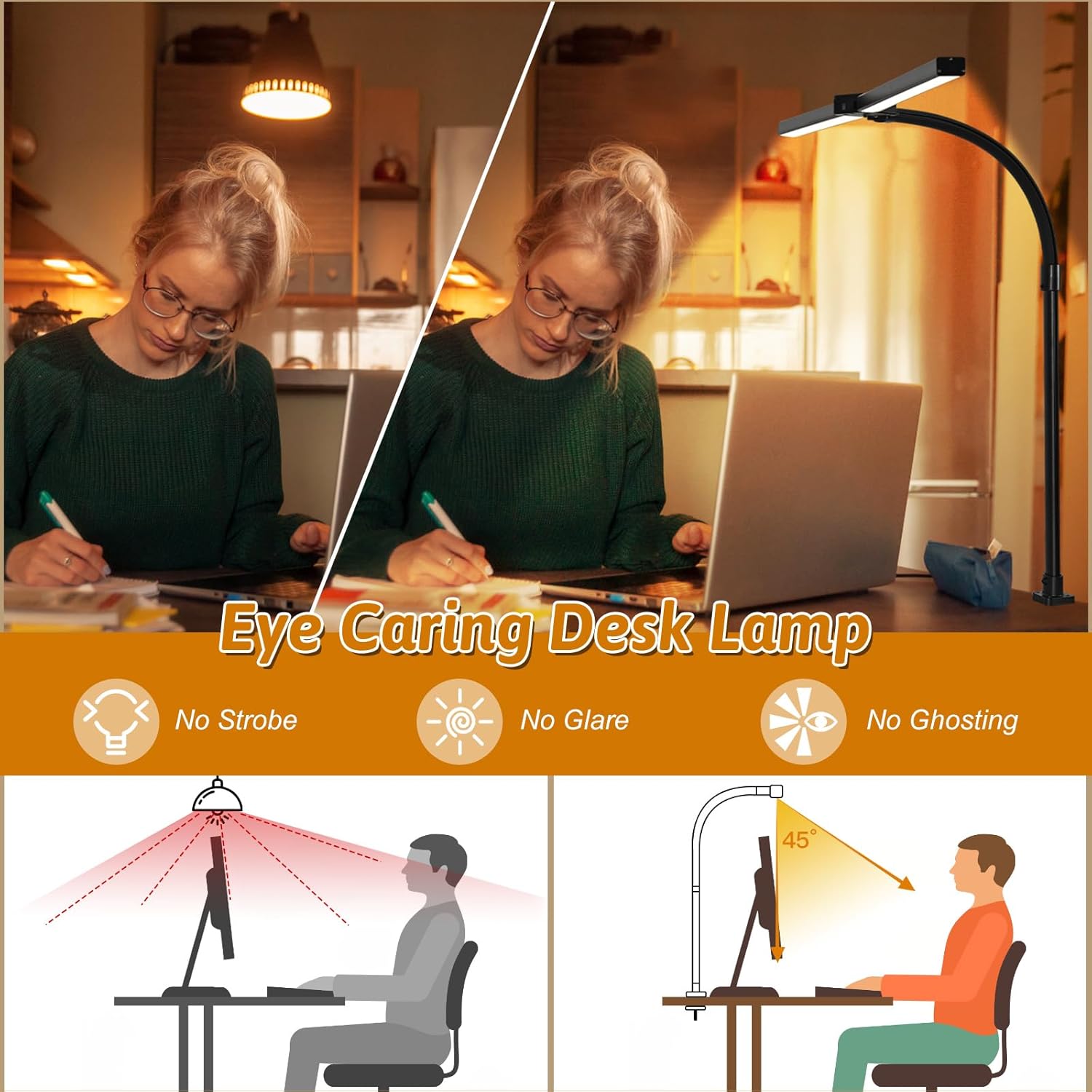 LED Desk Lamp for Office Dorm Home - Eye Caring Desk Light with Timer, Remote Control 24W Brightest Dual Screen Computer Monitor Gooseneck Dimmable Table lamp with Anti-Glare Cover Clamp