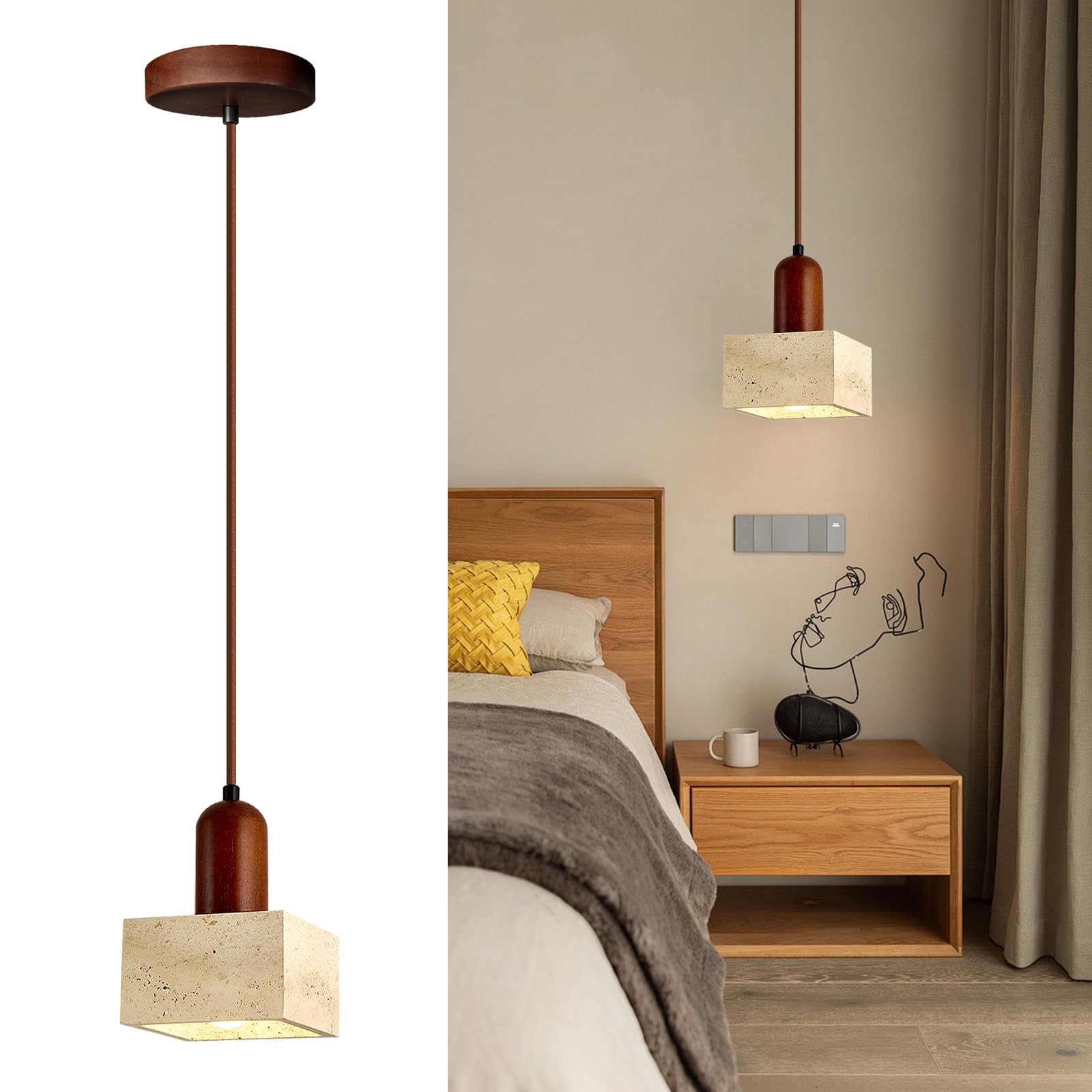 Japanese Wabi sabi Pendant Light with Natural Stone Shade, Dimmable Modern Wood Hanging Lamp Fixture, Adjustable Height Pendant Lamp for Bedroom, Kitchen Island, Dining Room, Restaurant, Cafe, Bar (B)