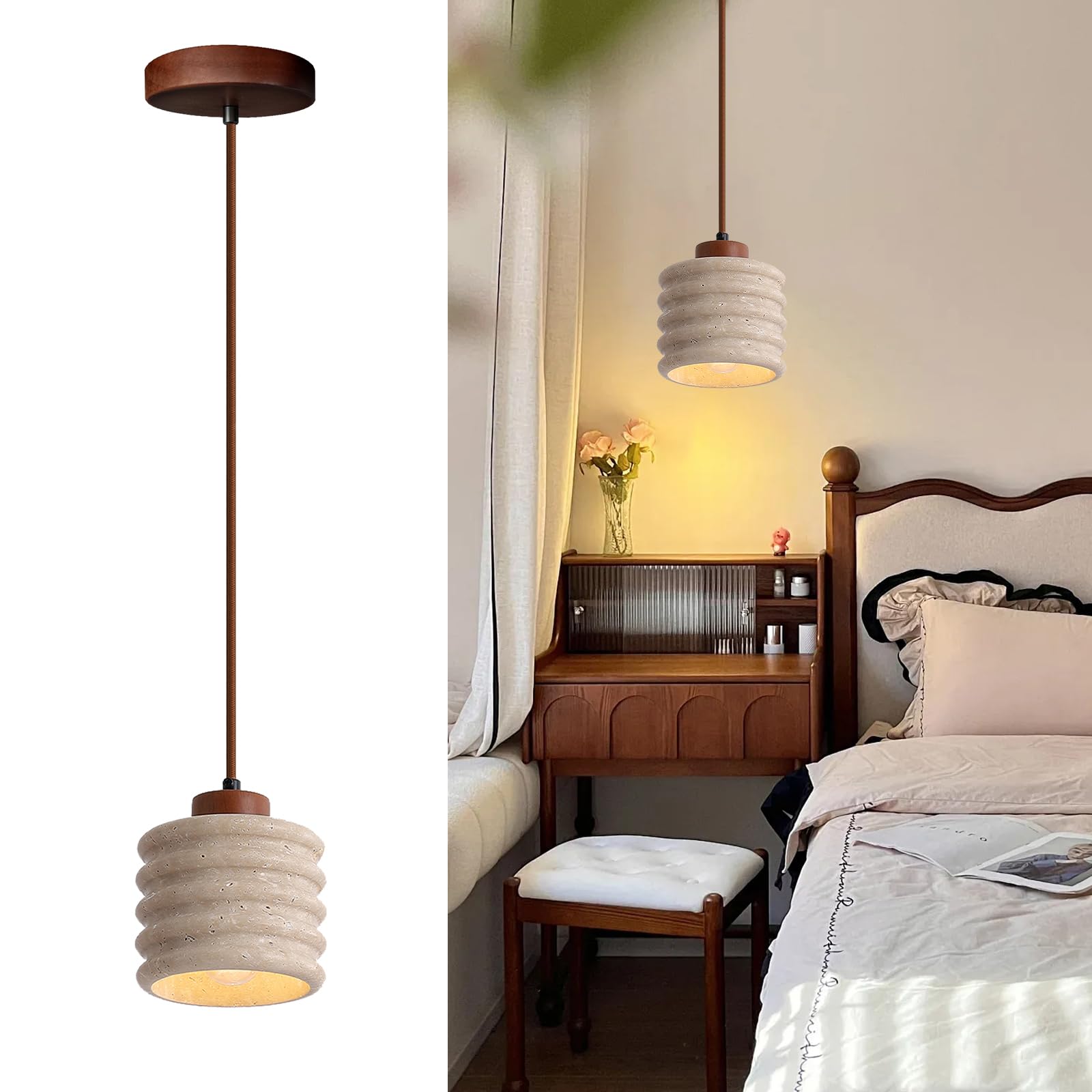Japanese Wabi sabi Pendant Light with Natural Stone Shade, Dimmable Modern Wood Hanging Lamp Fixture, Adjustable Height Pendant Lamp for Bedroom, Kitchen Island, Dining Room, Restaurant, Cafe, Bar (B)
