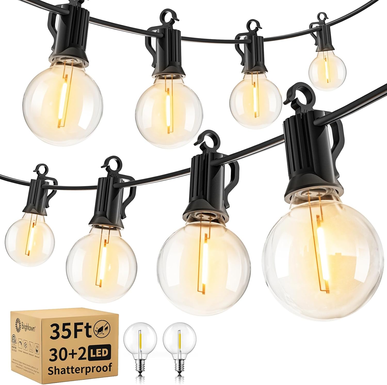 Brightown Outdoor String Lights - Waterproof Globe Patio Lights 35 Ft with 30 G40 Shatterproof LED Bulbs, Connectable Commercial Hanging Light for Backyard, Bistro, Porch, Cafe, Deck, Garden