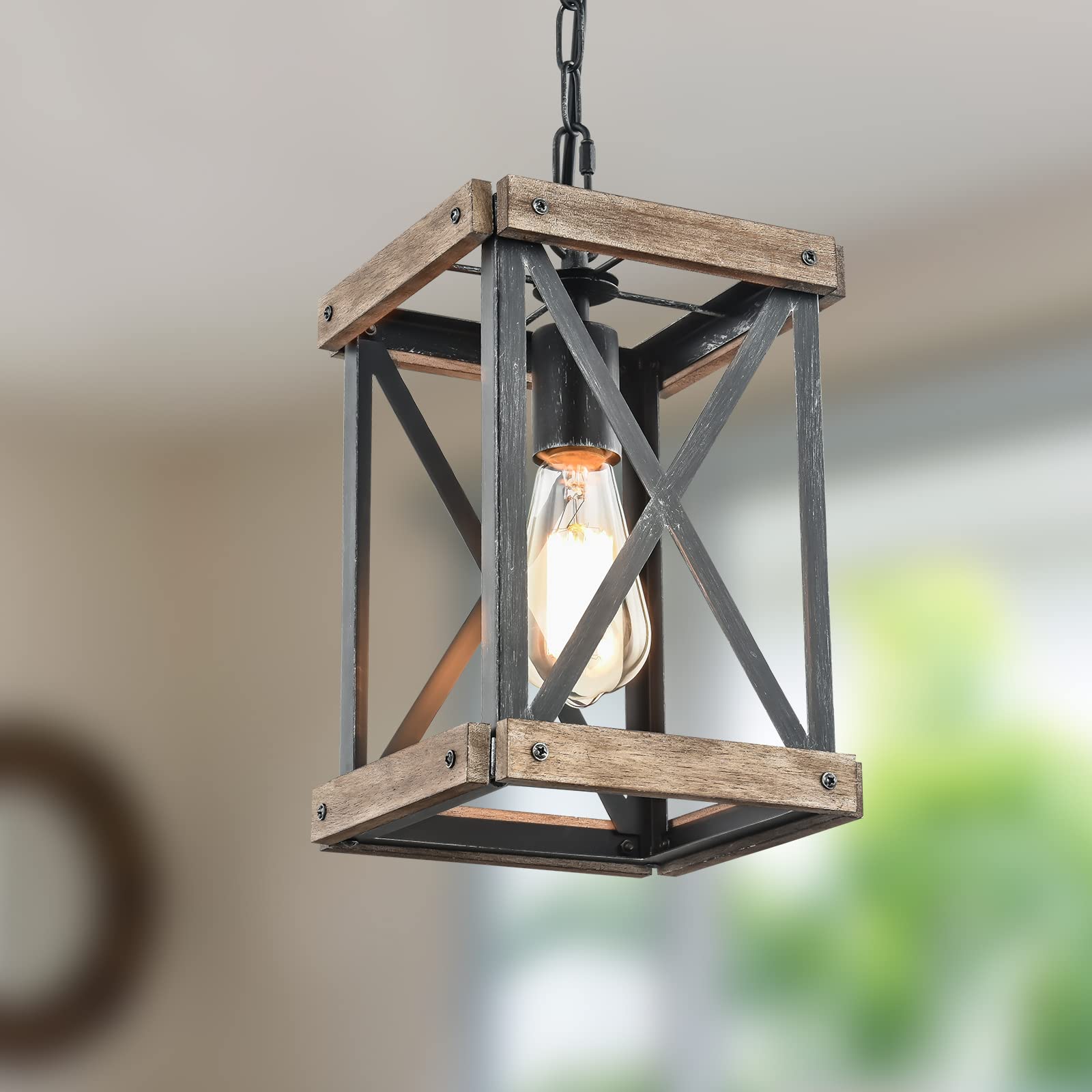 Retro Industrial Metal and Wood Chandelier 1-Light Round Cage Pendant Light Fixture for Kitchen Island Foyer Hallway Bar Dining Room Restaurant, D 7.9" x H 8.7" (Brown)