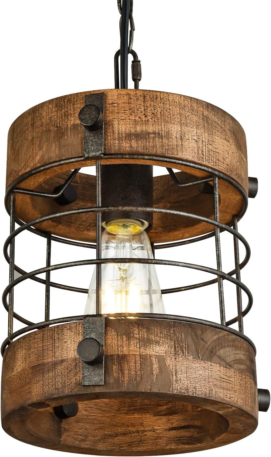 Retro Industrial Metal and Wood Chandelier 1-Light Round Cage Pendant Light Fixture for Kitchen Island Foyer Hallway Bar Dining Room Restaurant, D 7.9" x H 8.7" (Brown)