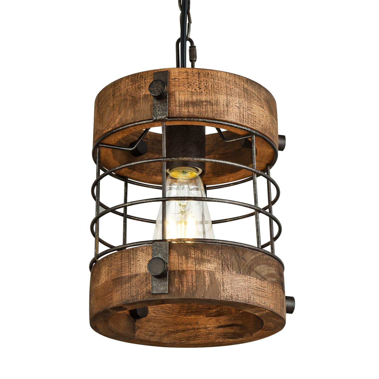 Retro Industrial Metal and Wood Chandelier 1-Light Round Cage Pendant Light Fixture for Kitchen Island Foyer Hallway Bar Dining Room Restaurant, D 7.9" x H 8.7" (Brown)