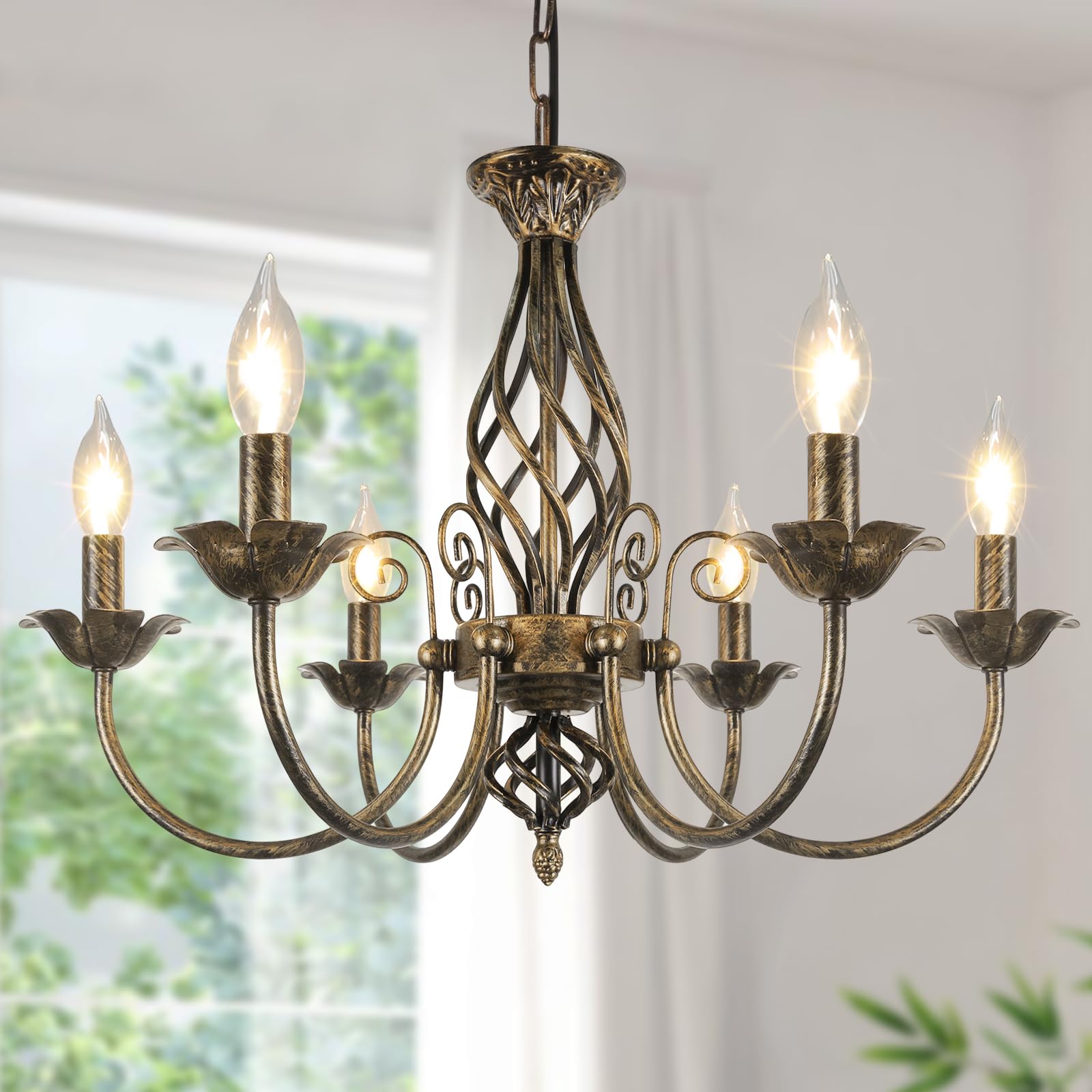 6-Light Farmhouse Candle Chandelier for Living Room, Rustic Industrial Pendant Ceiling Light fixture, Vintage Hanging Lamp for Bedroom Hallway Kitchen Dining Room Foyer, E12 Socket, Oil Rubbed Brown