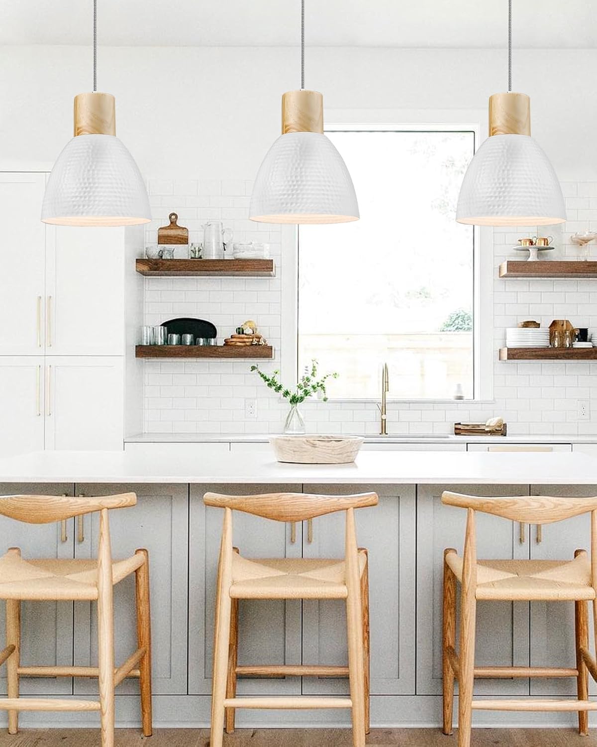 ELYONA 10.2” Hammered Pendant Light Fixtures, Metal & Rubber Wood Island Hanging Lamp, Adjustable Height, Modern Pendant Lighting for Kitchen,Farmhouse Bar,Dining Room,Bedroom, Nordic White