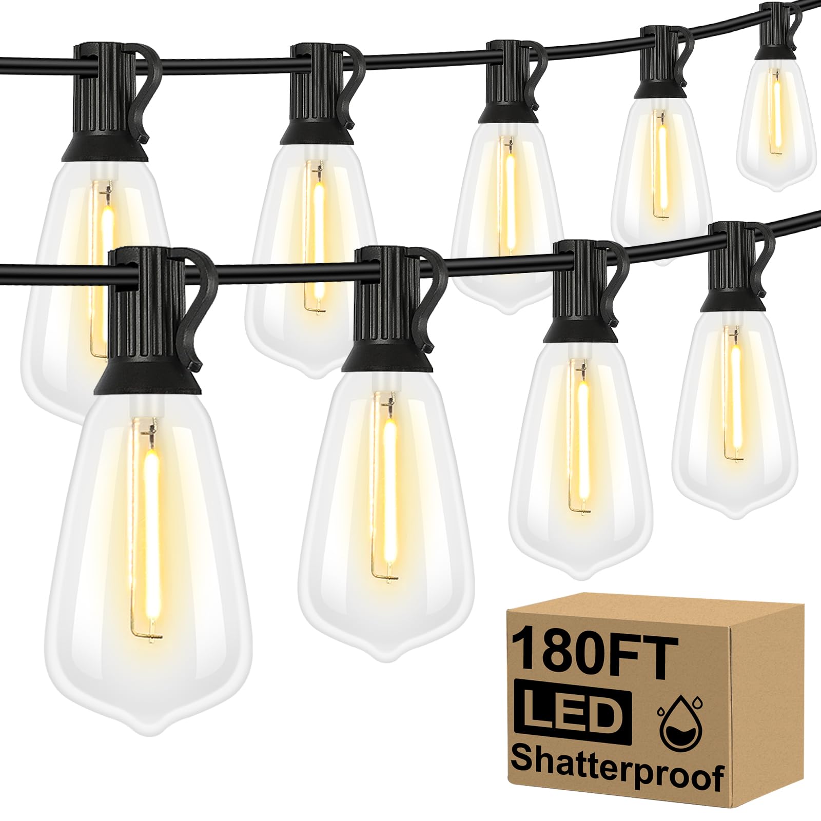 Brightever LED Outdoor String Lights 100FT Patio Lights with 52 Shatterproof ST38 Vintage Edison Bulbs, Outside Hanging Light Waterproof for Porch, Deck, Garden, Backyard, Balcony, 2700K Dimmable