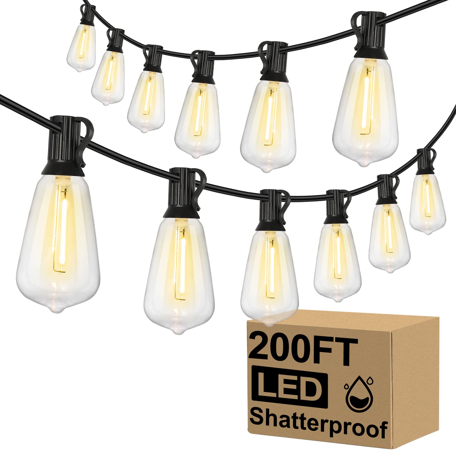 Brightever LED Outdoor String Lights 100FT Patio Lights with 52 Shatterproof ST38 Vintage Edison Bulbs, Outside Hanging Light Waterproof for Porch, Deck, Garden, Backyard, Balcony, 2700K Dimmable