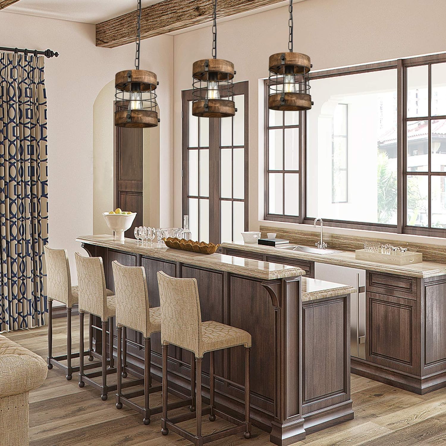 Retro Industrial Metal and Wood Chandelier 1-Light Round Cage Pendant Light Fixture for Kitchen Island Foyer Hallway Bar Dining Room Restaurant, D 7.9" x H 8.7" (Brown)