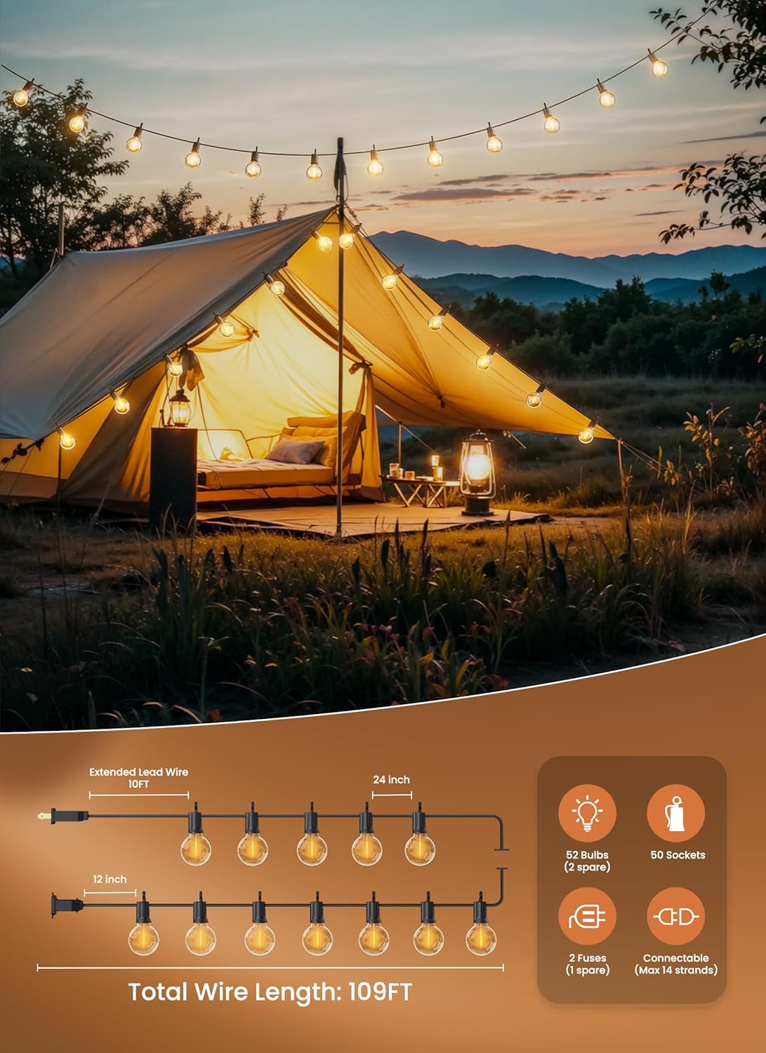 Brightown LED Outdoor String Light, 109 Feet Patio Lights with 52 Edison Shatterproof Bulbs(2 Spare), UL Listed Waterproof Outside Lights for Backyard Balcony Party Xmas Decor, E12 Base, Connectable