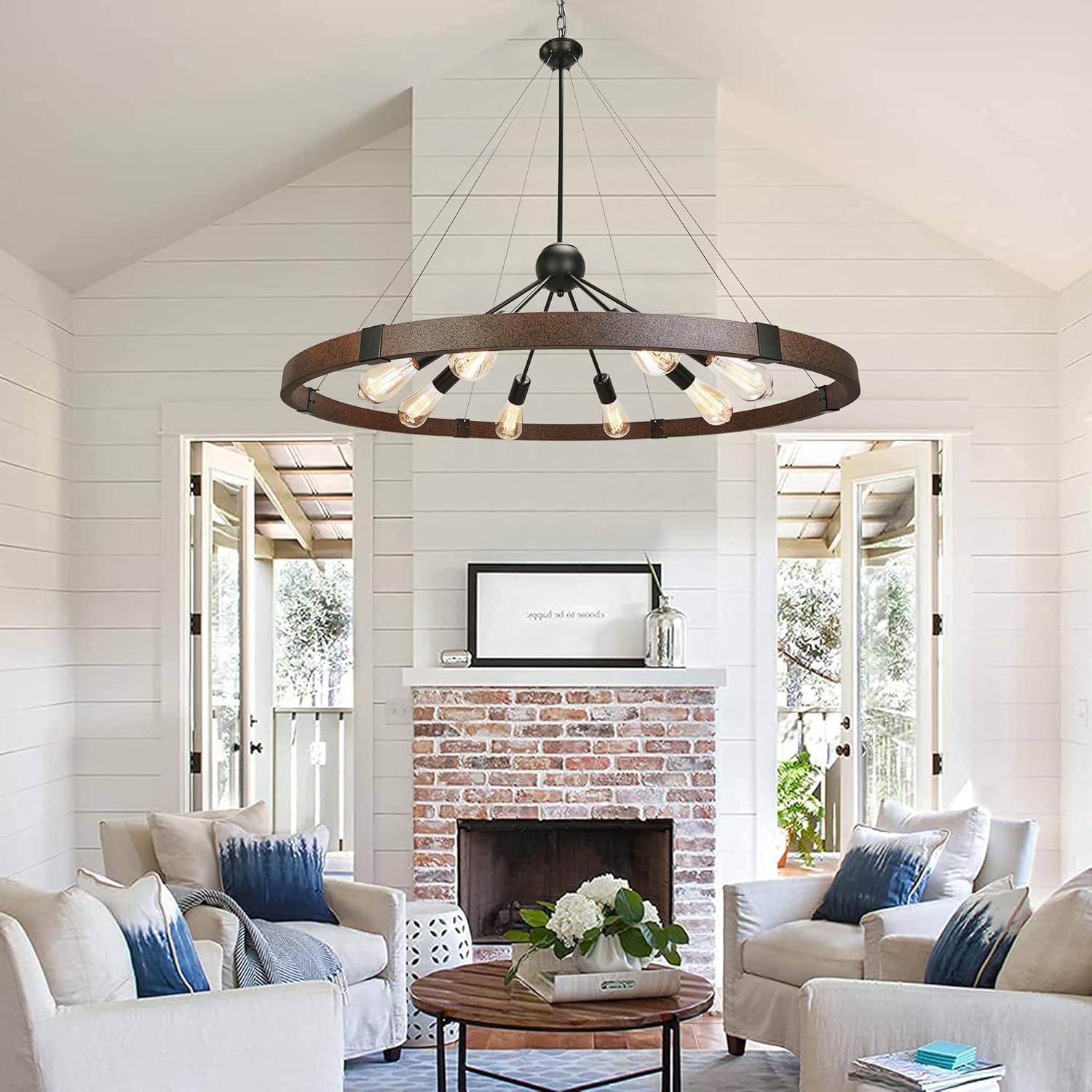 Klgxnrd 38.2'' Large Farmhouse Wagon Wheel Chandelier for Living Room, 8-Light Rustic Round Metal Light Fixtures for Dining Room Entryway Kitchen Island, Vintage Rust and Black Finishes