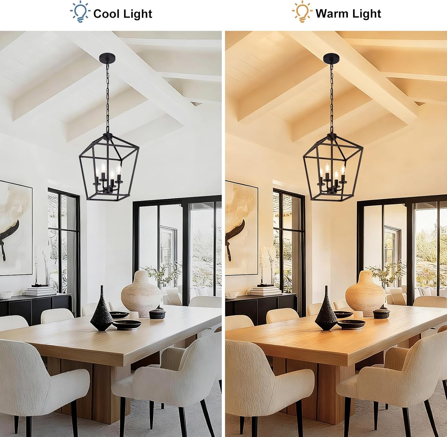 4 Light Chandelier, Industrial Ceiling Light Black Lantern Light Fixtures with Farmhouse Metal Cage Adjustable Height Rustic Geometric Hanging Light E12 Base for Kitchen Island, Entryway, Indoor