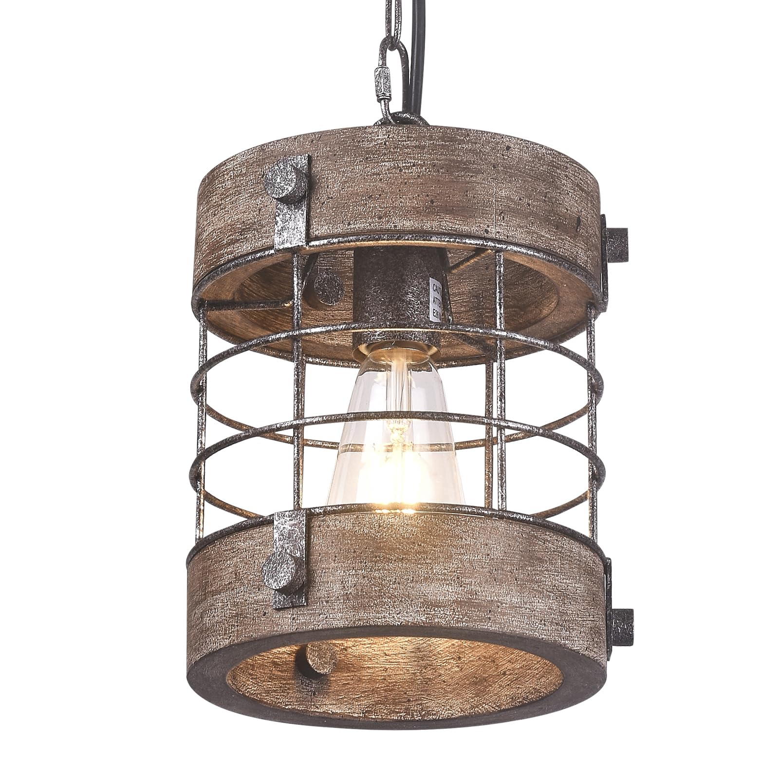 Retro Industrial Metal and Wood Chandelier 1-Light Round Cage Pendant Light Fixture for Kitchen Island Foyer Hallway Bar Dining Room Restaurant, D 7.9" x H 8.7" (Brown)