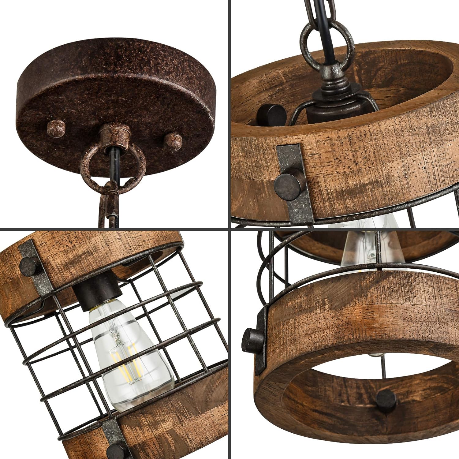 Retro Industrial Metal and Wood Chandelier 1-Light Round Cage Pendant Light Fixture for Kitchen Island Foyer Hallway Bar Dining Room Restaurant, D 7.9" x H 8.7" (Brown)